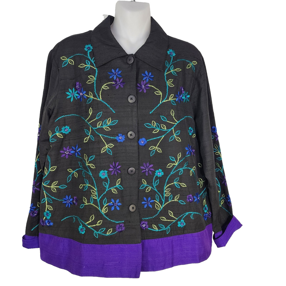 Coldwater Creek Jacket Womens Large Embroidered Floral Beaded Black Silk Blend